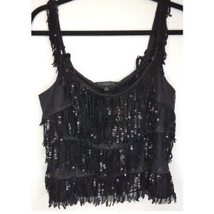 Aidan Mattox Black Embroidered Sequin Fringe Top Blouse Size Medium New